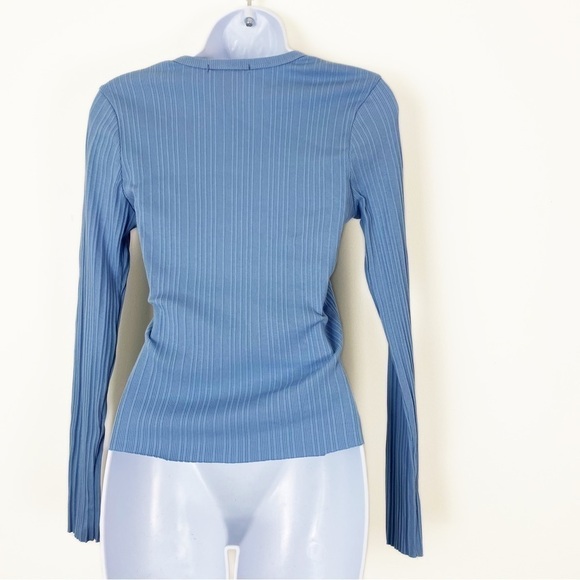 FOREVER21 Blue Ribbed Knit Long Sleeve Fitted Tee Size Large Y2K Style - Picture 2 of 4